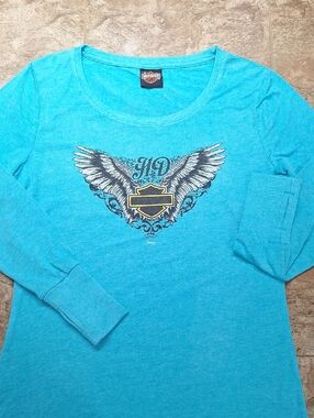 Harley-Davidson Bright Teal Long Sleeve Shirt with Winged Shield Graphic Large